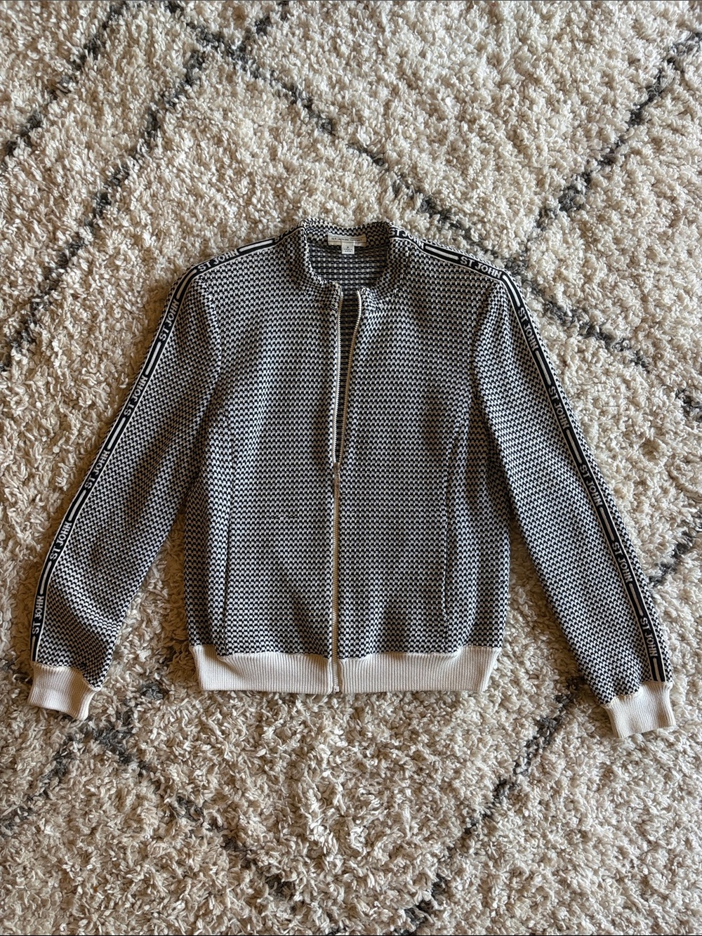 St. John Black & White Knit Bomber with Logo Tape